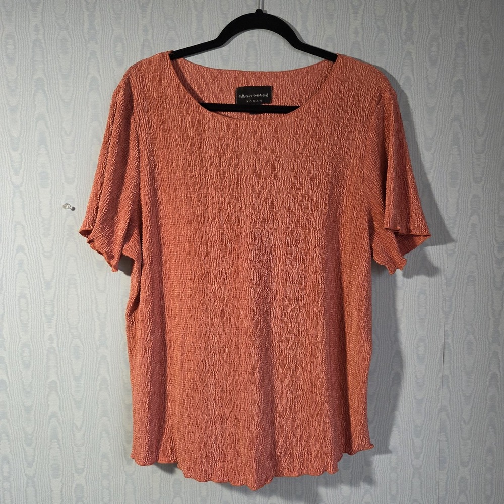 Connected Womens 3X Coral Orange Short Sleeve Blouse Crinkle Textured Stretch